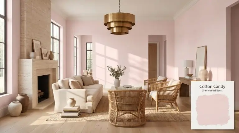 A photorealistic wide architectural shot of a high-end living room painted in Sherwin-Williams Cotton Candy (Hex #F2E0DF), featuring matte white oak flooring and a tumbled travertine fireplace.