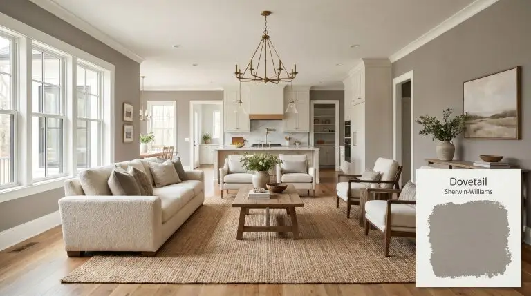 A wide architectural shot of a sun-drenched living room painted in Sherwin-Williams Dovetail (Hex #908A83), featuring a nubby linen sofa, warm hardwood flooring, and unlacquered brass hardware.