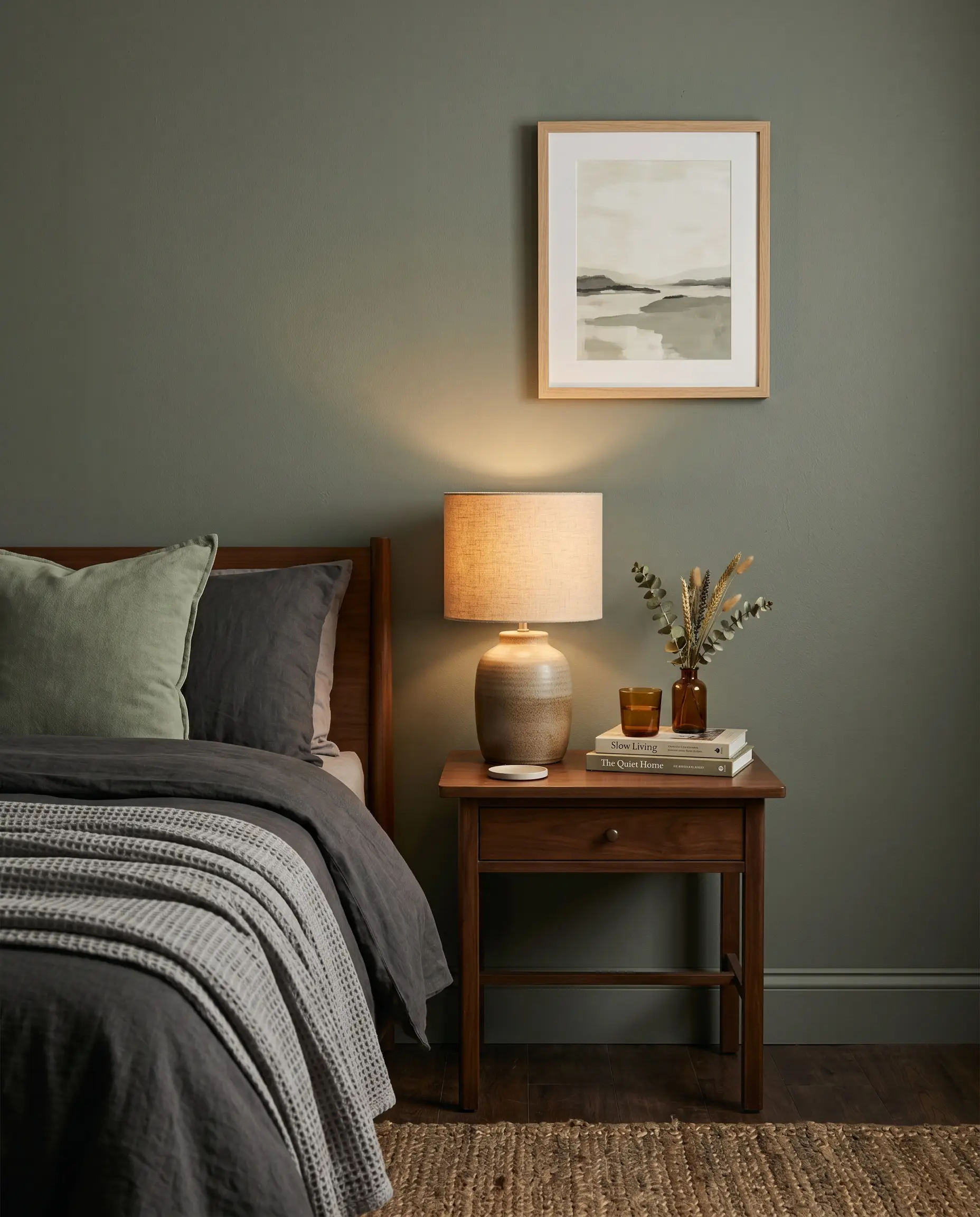 A dark wood nightstand and simple ceramic lamp sit against heavy gray-based paint, providing sophisticated and moody sage green bedroom wall ideas.