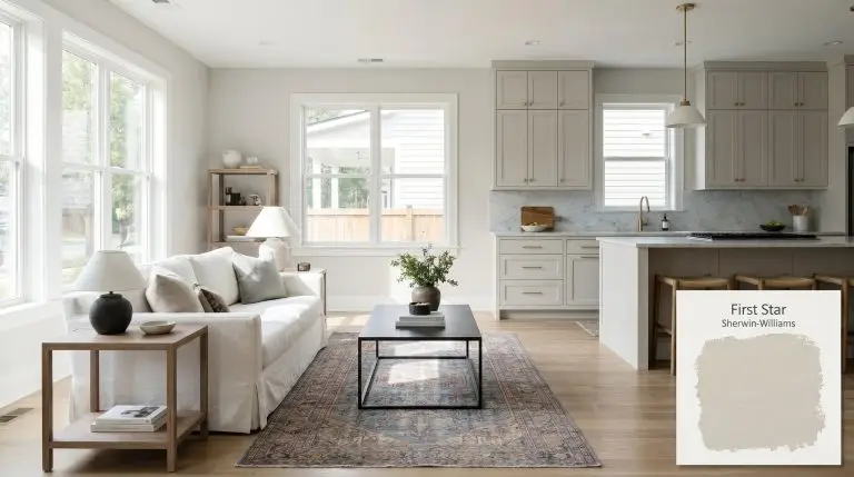A modern open-concept living room features a slipcovered sofa, bleached walnut accents, and walls painted in Sherwin-Williams First Star (Hex #DAD9D4).