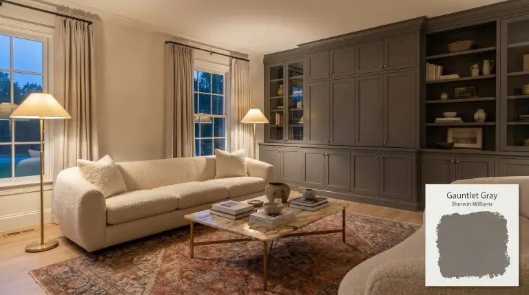 A photorealistic living room featuring custom built-in cabinetry painted in Sherwin-Williams Gauntlet Gray (Hex #78736E), paired with white oak flooring and brass hardware.