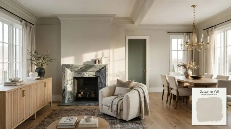 A transitional open-concept living space painted in Sherwin-Williams Gossamer Veil (Hex #D3CEC4) features a heavily veined soapstone fireplace and a fluted white oak credenza.