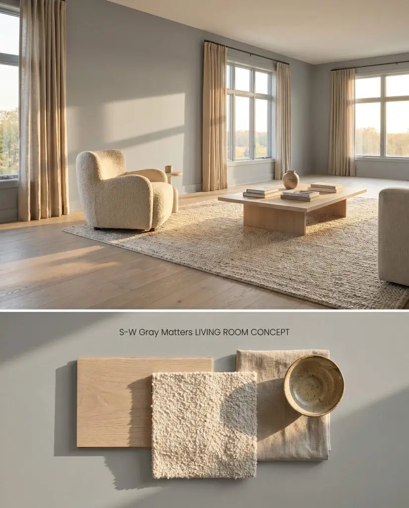 A split digital conceptual board showcasing a living room with Sherwin-Williams Gray Matters walls on top, and a flat-lay of wire-brushed oak and nubby boucle below.