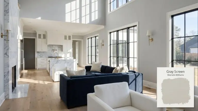 A photorealistic wide architectural shot of an open-concept living space painted in Sherwin-Williams Gray Screen (Hex #C6CACA), featuring polished Carrara marble, white oak flooring, and a navy velvet sofa.