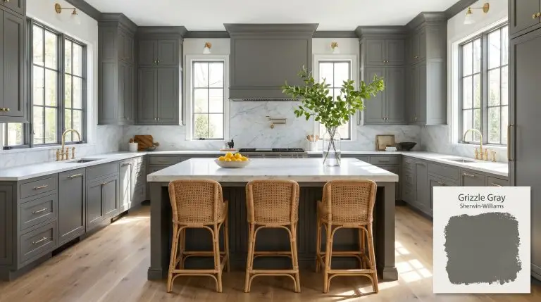 A wide architectural shot of a transitional kitchen with custom cabinets painted in Sherwin-Williams Grizzle Gray (Hex #636562), featuring Carrara marble and brass hardware.