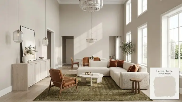 A bleached white oak credenza and cream boucle sectional anchor an organic modern living room painted in Sherwin-Williams Heron Plume (Hex #E5E1D8).