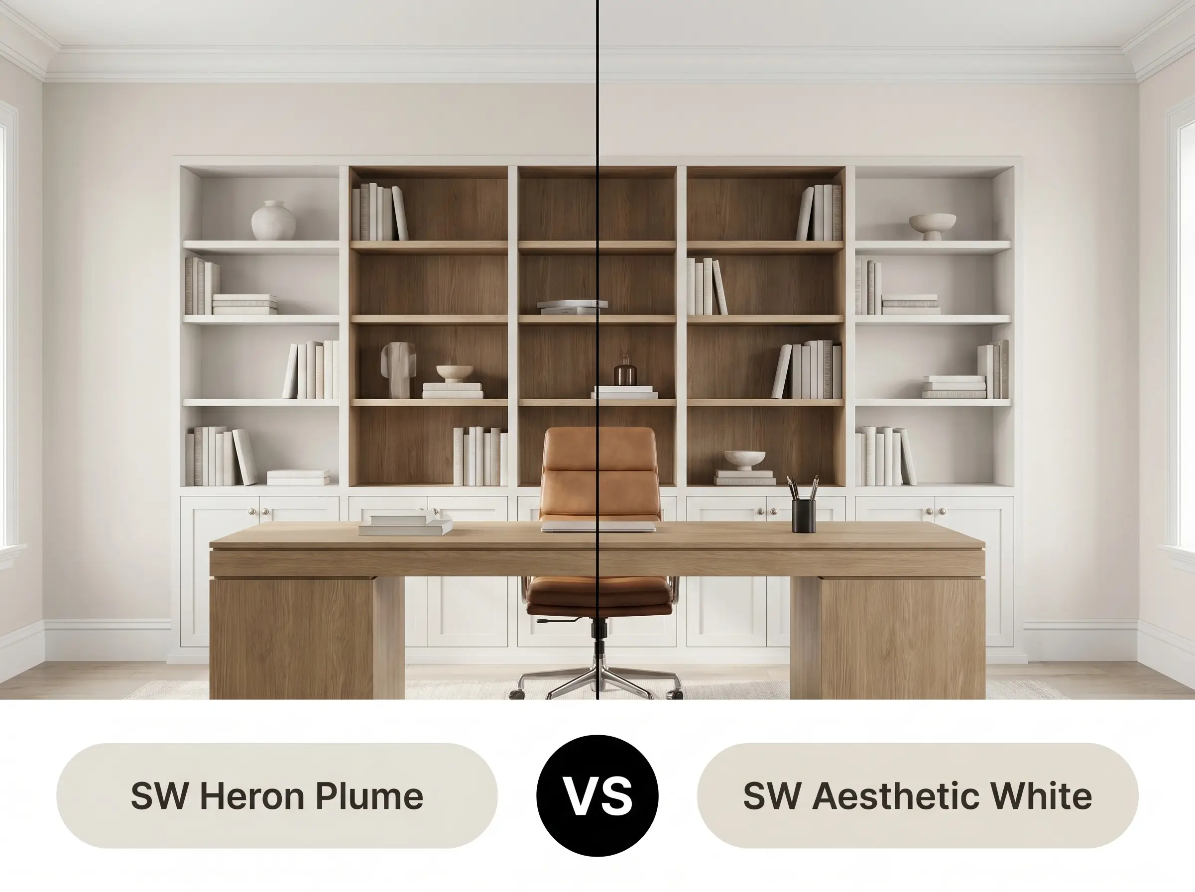 A side-by-side split-screen comparison of Sherwin-Williams Heron Plume on the left and Sherwin-Williams Aesthetic White on the right, shown in an elegant home office.