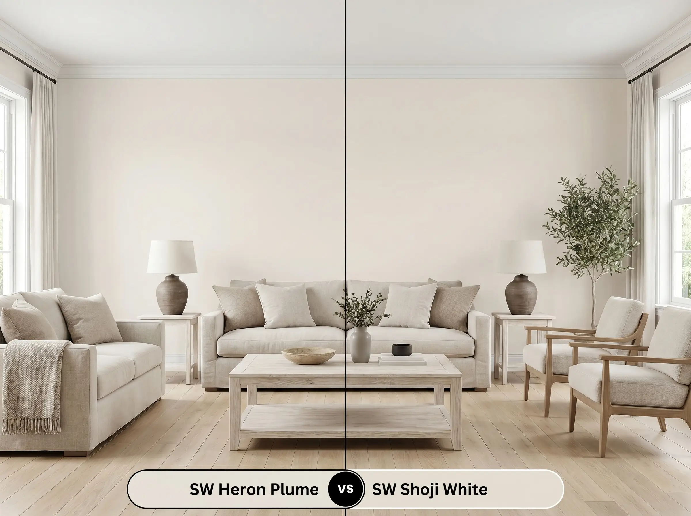 A side-by-side split-screen comparison of Sherwin-Williams Heron Plume on the left and Sherwin-Williams Shoji White on the right, shown in a minimalist living room.