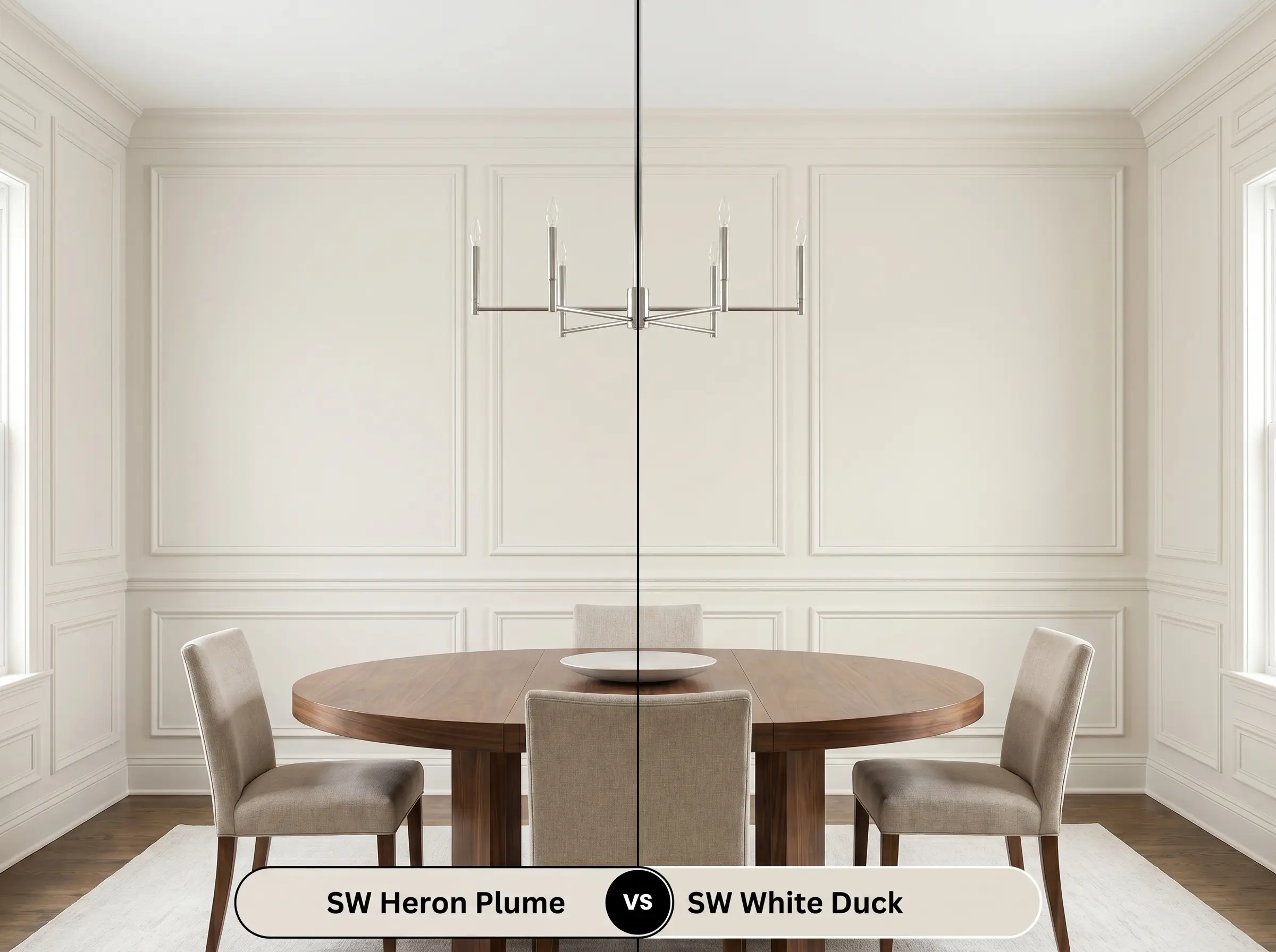 A side-by-side split-screen comparison of Sherwin-Williams Heron Plume on the left and Sherwin-Williams White Duck on the right, shown in a classic dining room.