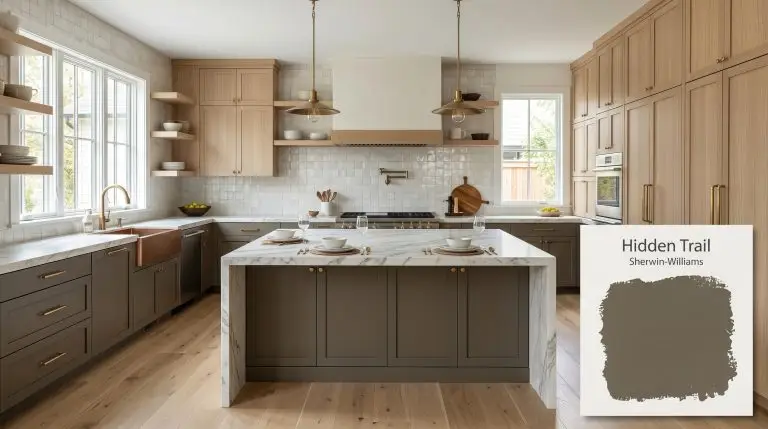 A sophisticated modern organic kitchen features lower cabinets and a central island painted in Sherwin-Williams Hidden Trail (Hex #5F5B4D), contrasting with bleached oak uppers and dramatically veined honed marble countertops.