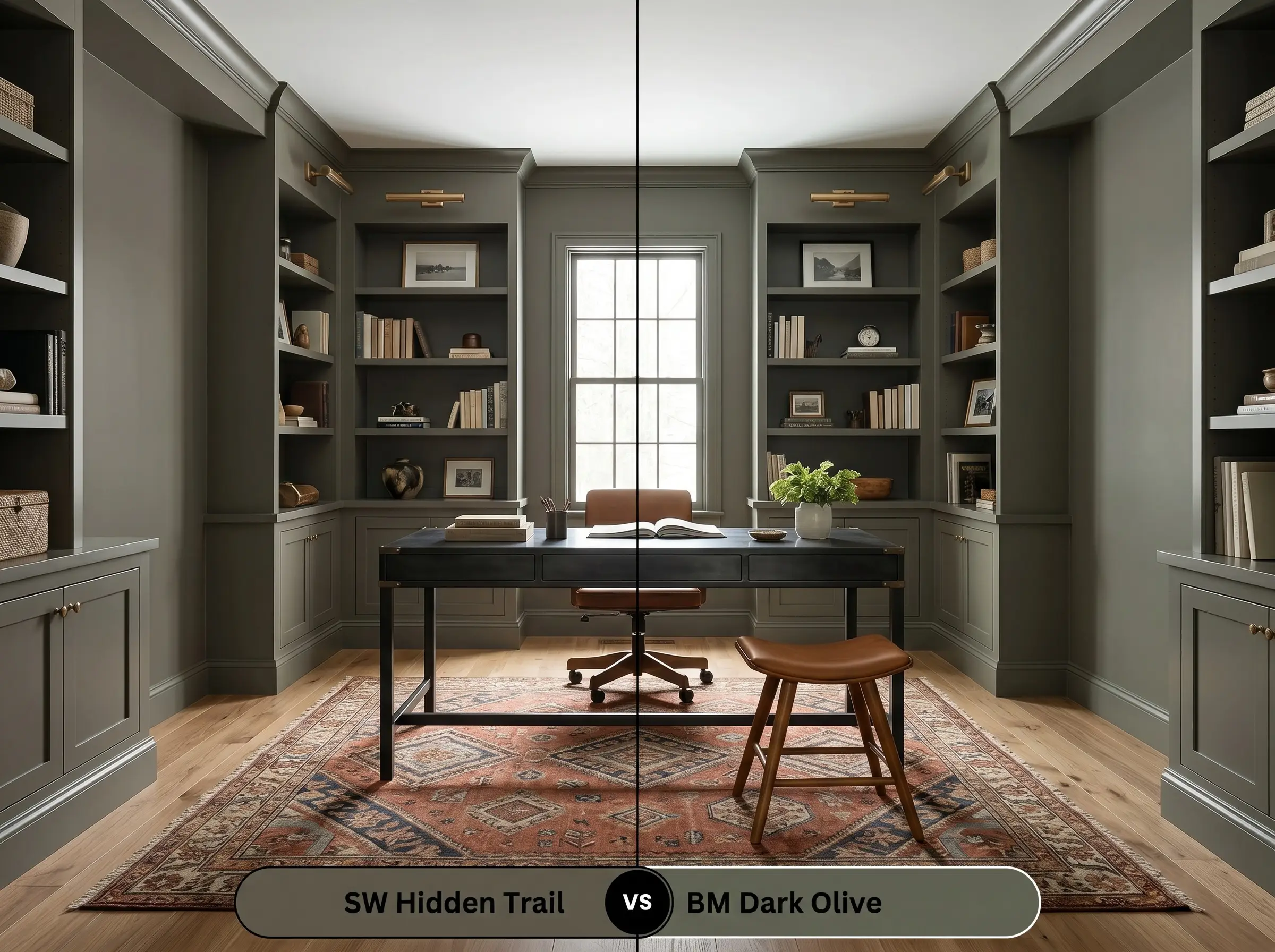 A side-by-side split-screen comparison of Sherwin-Williams Hidden Trail on the left and Benjamin Moore Dark Olive on the right, shown in a sophisticated home office behind a blackened steel campaign desk.
