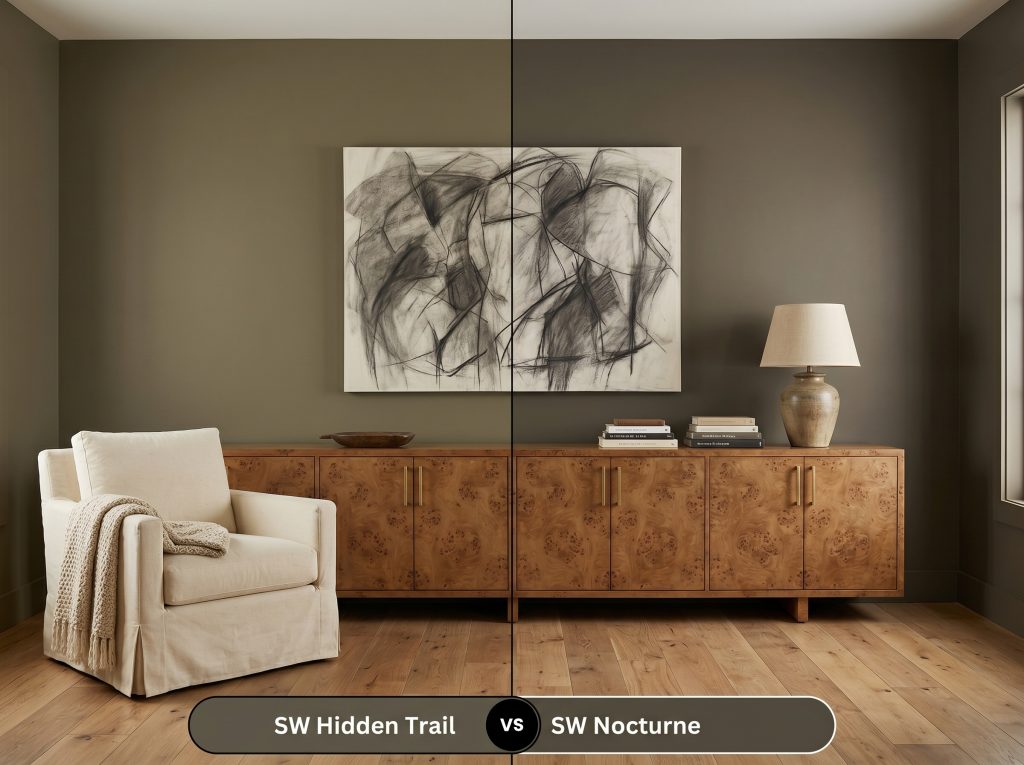 A side-by-side split-screen comparison of Sherwin-Williams Hidden Trail on the left and Sherwin-Williams Nocturne on the right, shown in a living room with a continuous burl wood credenza and wide plank oak floors.