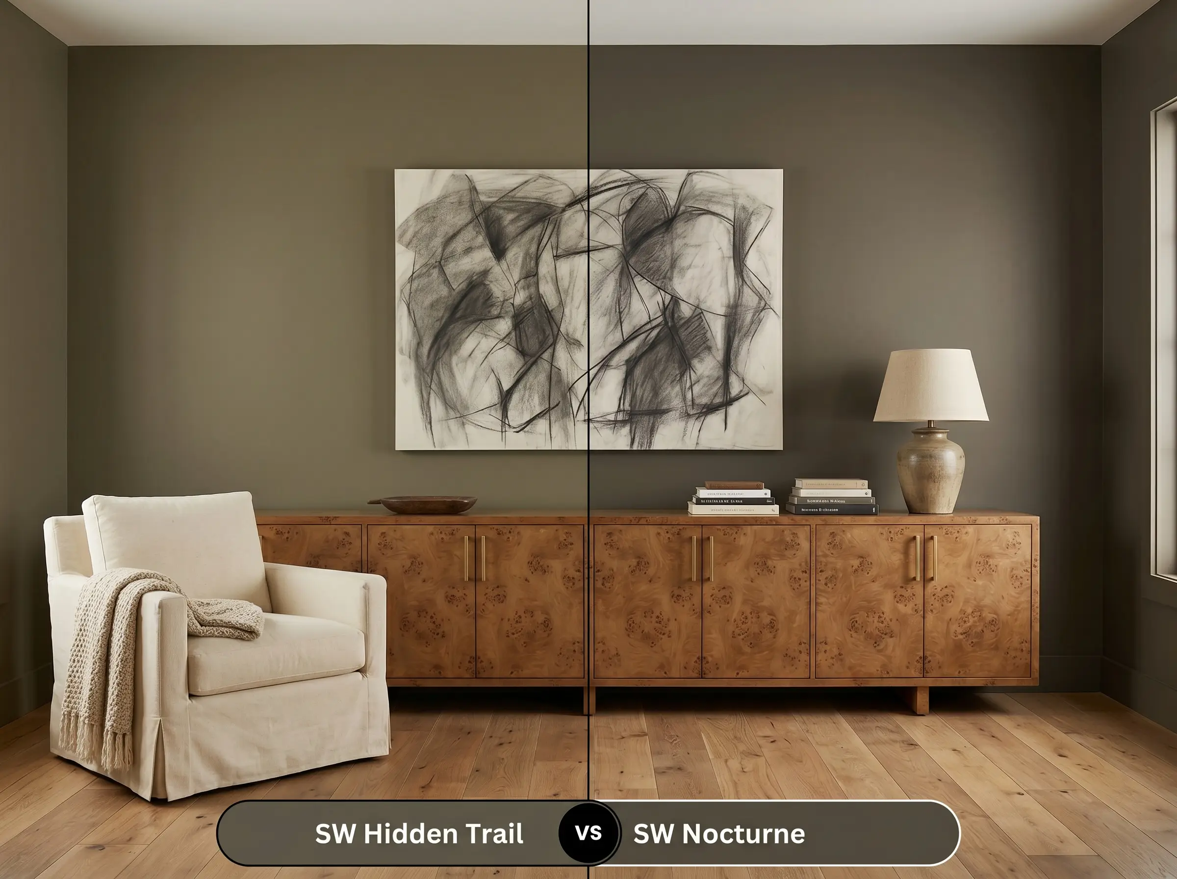 A side-by-side split-screen comparison of Sherwin-Williams Hidden Trail on the left and Sherwin-Williams Nocturne on the right, shown in a living room with a continuous burl wood credenza and wide plank oak floors.