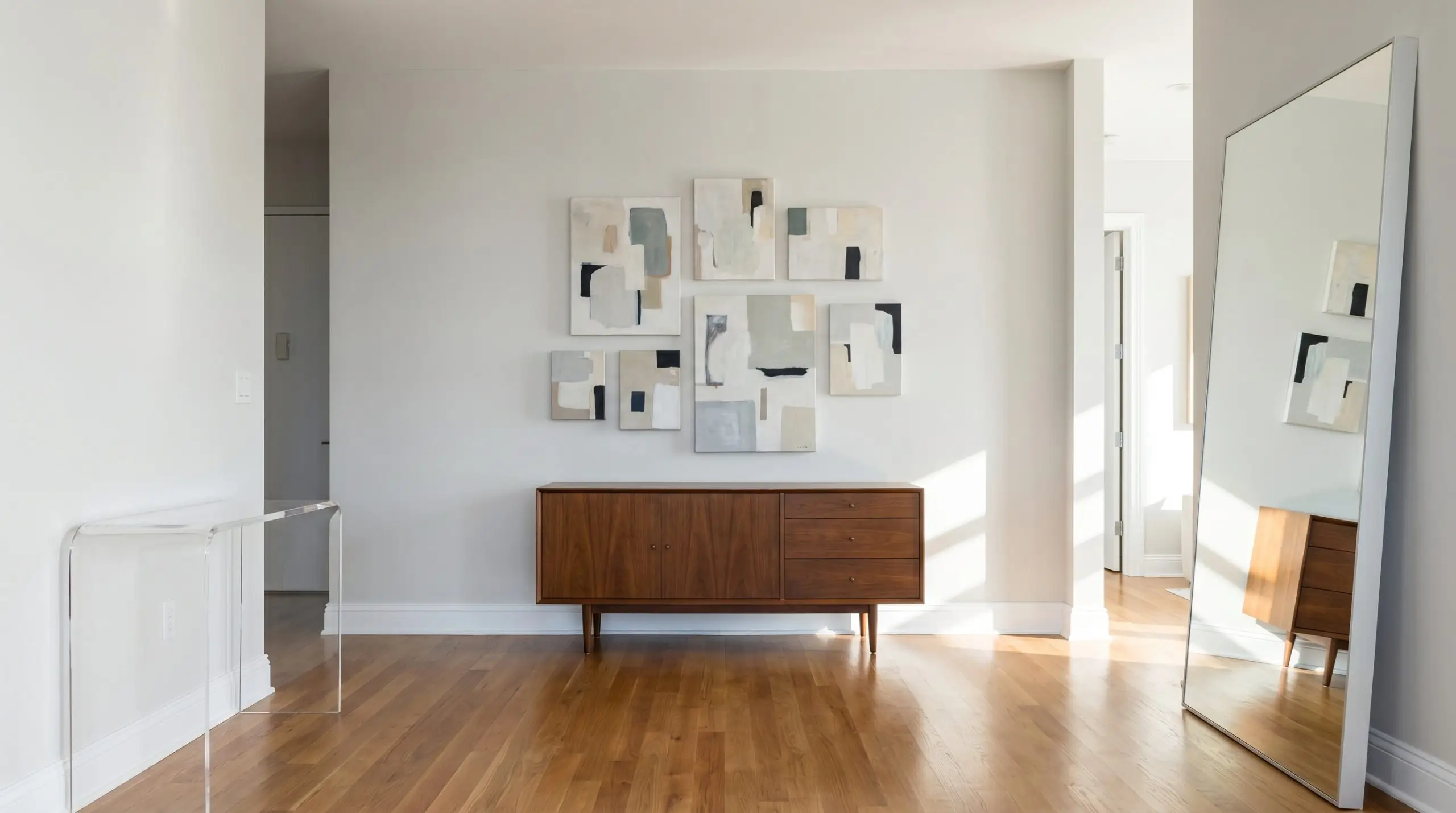 A mid-century vintage walnut credenza and an oversized floor-leaning mirror anchor a tailored modern entryway painted in Sherwin-Williams Ice Cube.