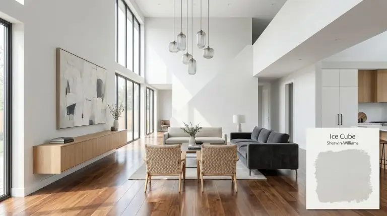A floating white oak media console and charcoal mohair sofa anchor an expansive living room painted in Sherwin-Williams Ice Cube (Hex #E3E4E1).