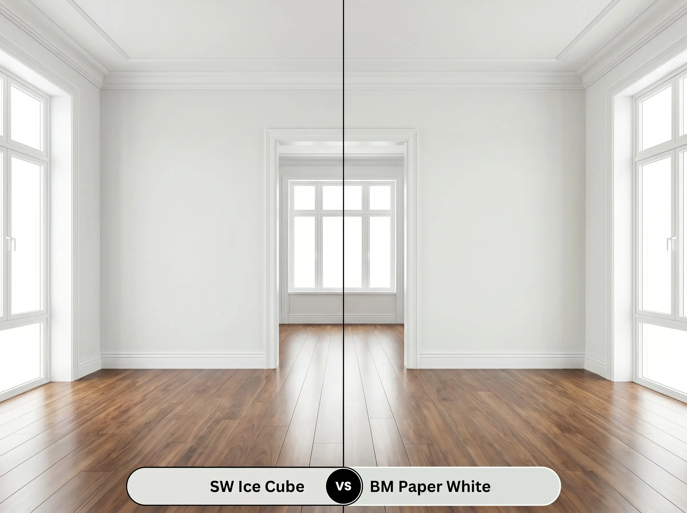 A side-by-side split-screen comparison of Sherwin-Williams Ice Cube on the left and Benjamin Moore Paper White on the right, shown in an open living room with crisp white baseboards.