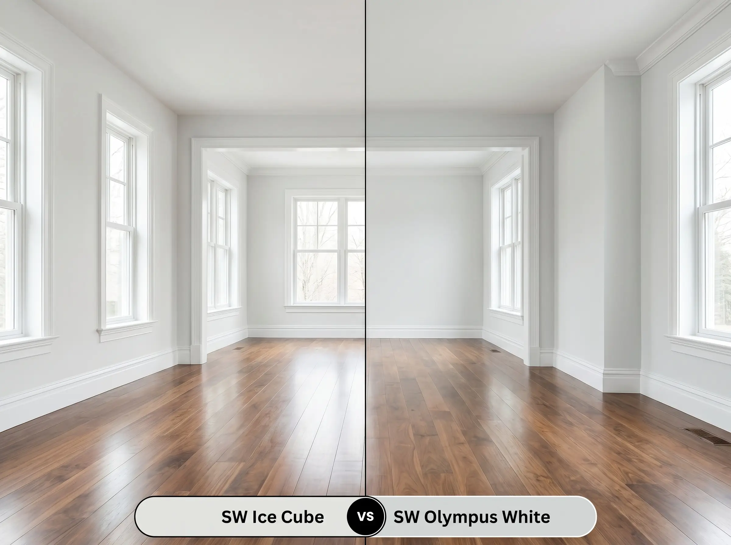 A side-by-side split-screen comparison of Sherwin-Williams Ice Cube on the left and Sherwin-Williams Olympus White on the right, shown in a modern living room with walnut floors.