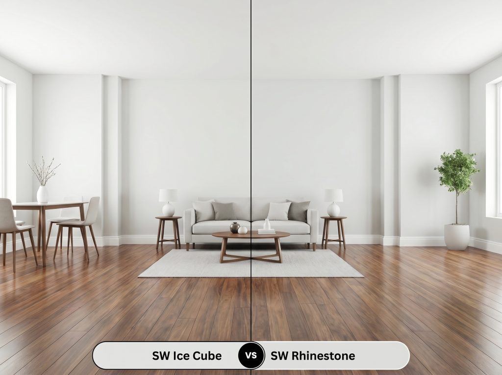 A side-by-side split-screen comparison of Sherwin-Williams Ice Cube on the left and Sherwin-Williams Rhinestone on the right, shown in an empty modern living room with polished hardwood floors.