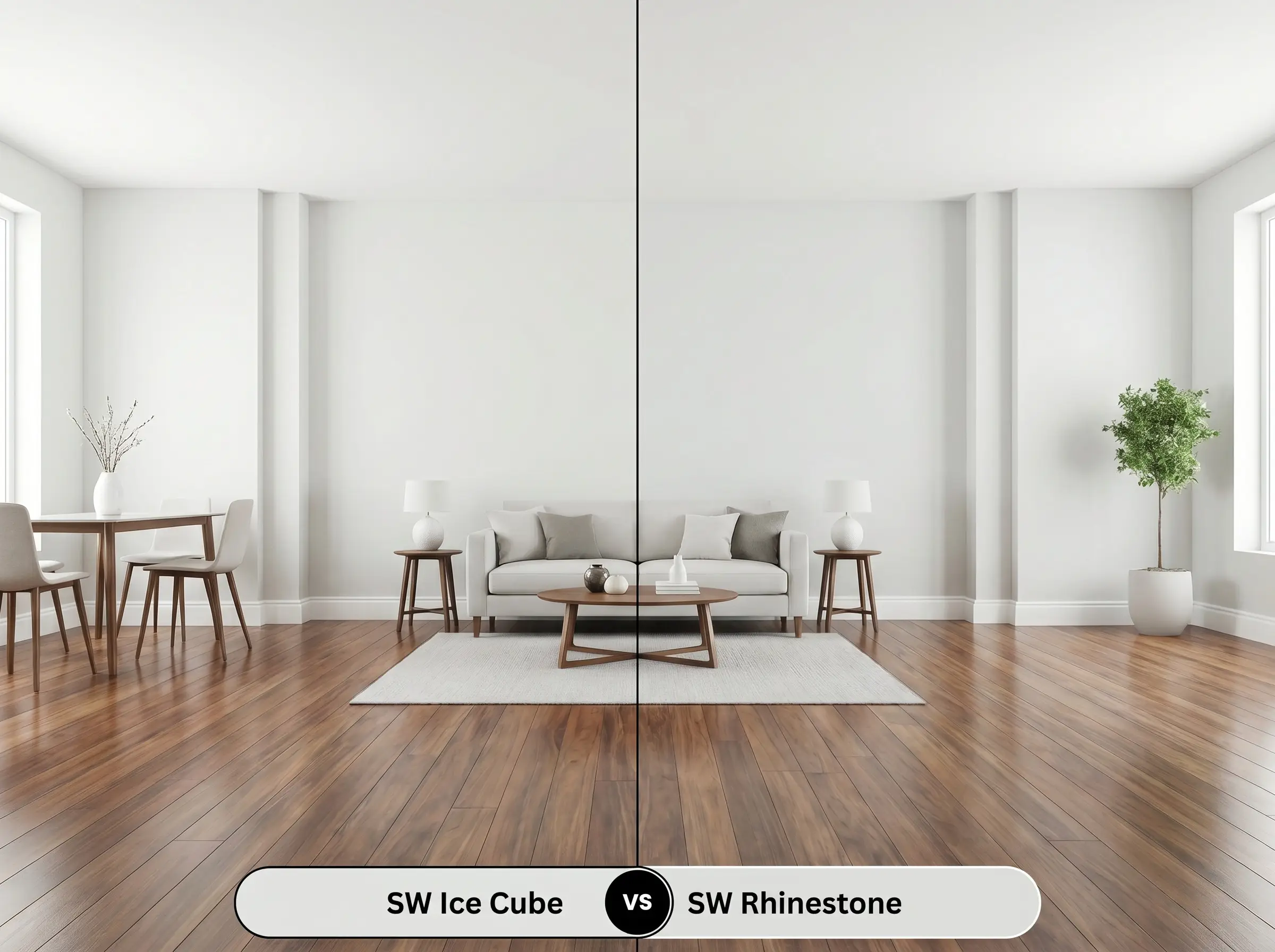A side-by-side split-screen comparison of Sherwin-Williams Ice Cube on the left and Sherwin-Williams Rhinestone on the right, shown in an empty modern living room with polished hardwood floors.