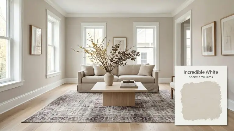 A bleached oak plinth coffee table and slipcovered linen sofa anchor a living room painted in Sherwin-Williams Incredible White (Hex #E3DED7) featuring crisp trim.