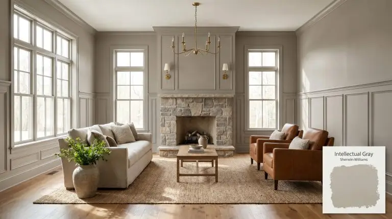 A photorealistic architectural view of a living room painted in Sherwin-Williams Intellectual Gray (Hex #A8A093), featuring an oatmeal linen sofa and cognac leather chairs.