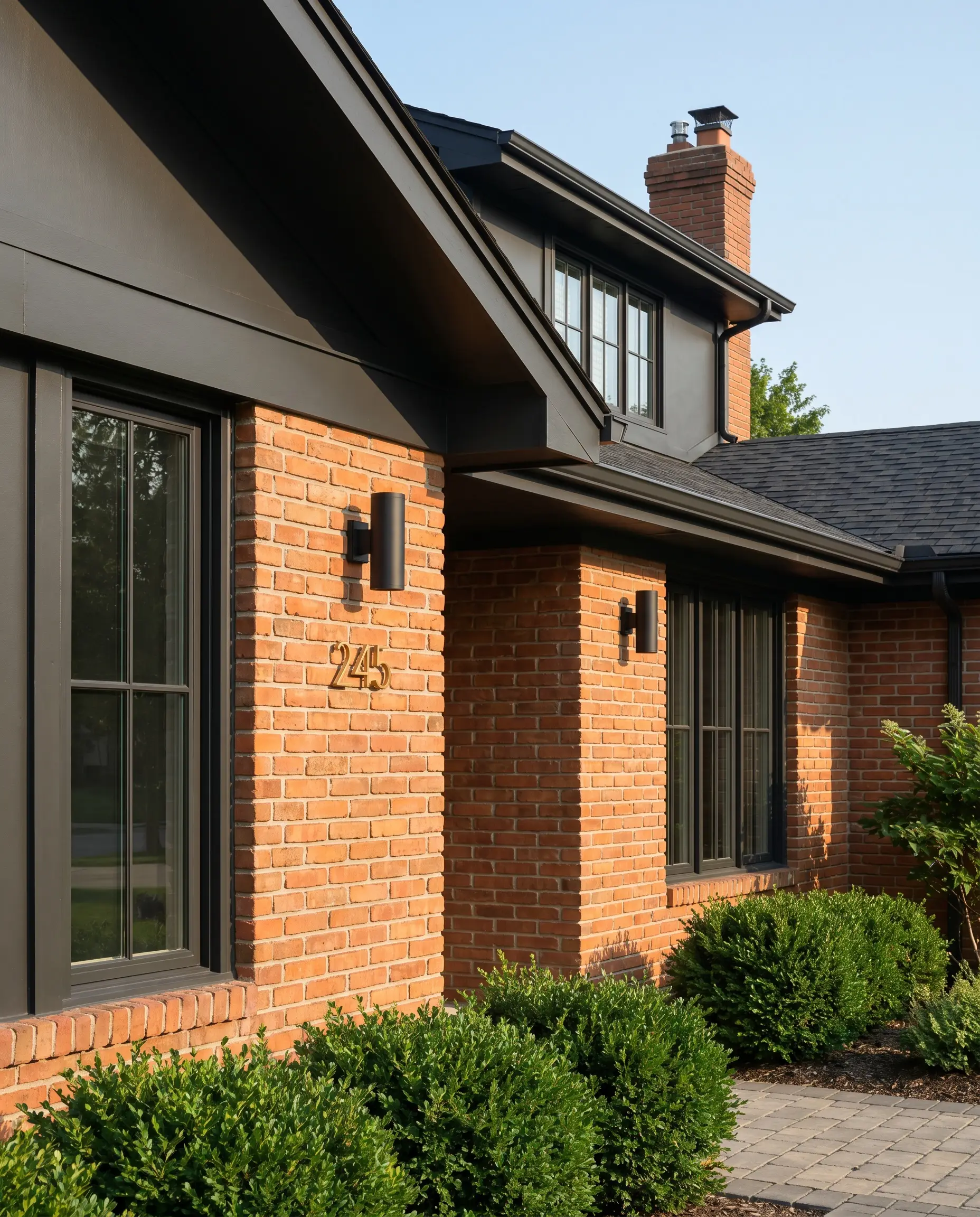 Modern exterior paint for red brick highlights soft black fascia and window mullions framing textured masonry alongside unlacquered brass house numbers.