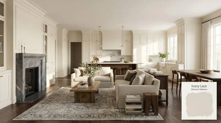 A photorealistic open-concept living space with dark walnut floors and charcoal marble fireplace, painted in Sherwin-Williams Ivory Lace (Hex #ECE5D8).