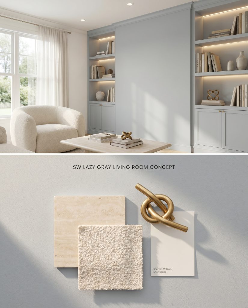 A split digital conceptual board for a sophisticated living room featuring a cool neutral accent wall on the top, with physical materials like honed travertine and boucle fabric on the textured bottom section.
