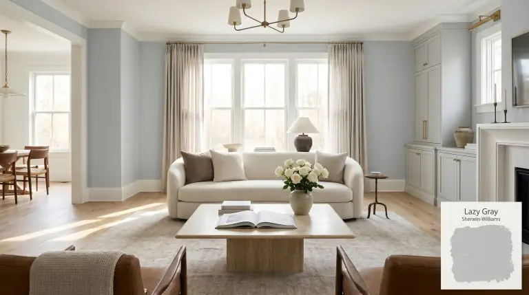 A wide architectural shot of a transitional living room painted in Sherwin-Williams Lazy Gray (Hex #BEC1C3), featuring crisp white trim, wide-plank white oak flooring, and a premium boucle sofa.