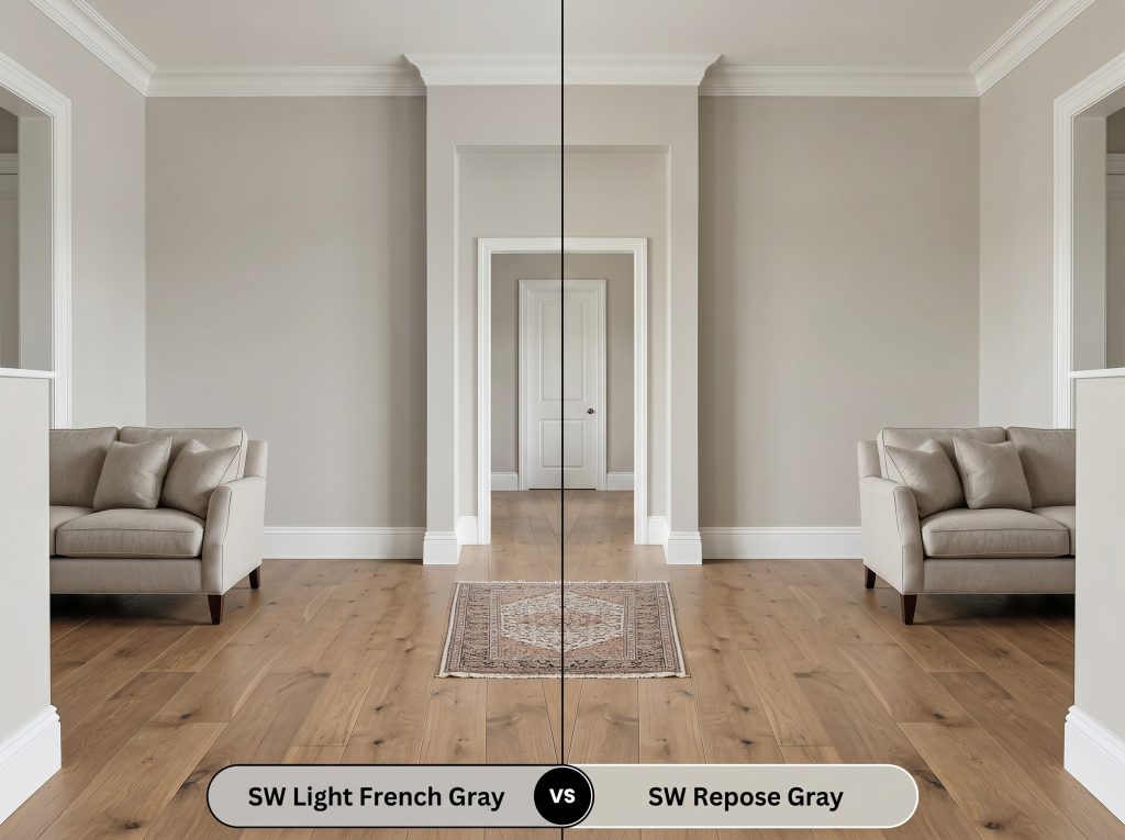 A side-by-side split-screen comparison of Sherwin-Williams Light French Gray on the left and Sherwin-Williams Repose Gray on the right, shown in a living room with a neutral worsted wool sofa.