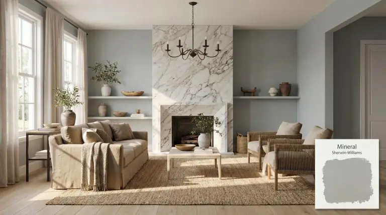 A photorealistic wide shot of a transitional living room painted in Sherwin-Williams Mineral (Hex #B0B7B7), featuring a heavily veined marble fireplace, woven accent chairs, and matte white oak flooring.