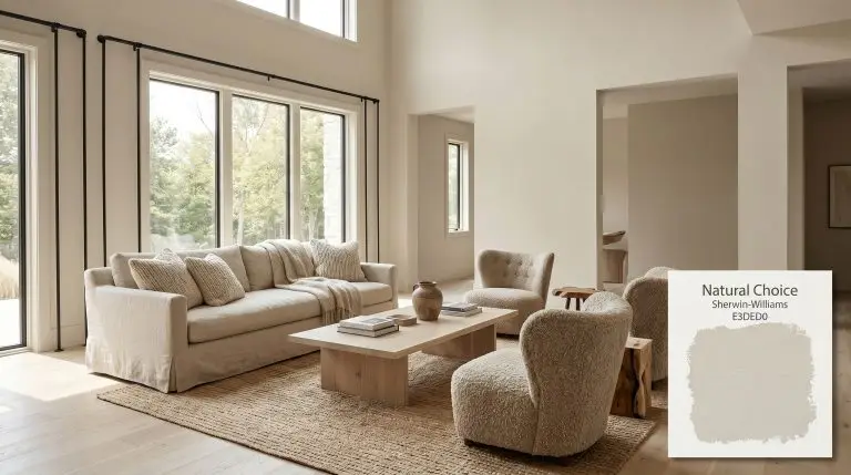An expansive living room architectural shell painted in Sherwin-Williams Natural Choice (Hex #E3DED0) features a bleached oak coffee table and soft linen slipcovered sofa.