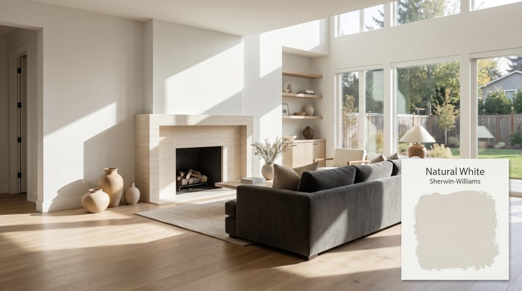A photorealistic architectural shot of a modern minimalist living room featuring a matte travertine fireplace and walls painted in Sherwin-Williams Natural White (Hex #ECEBE8).