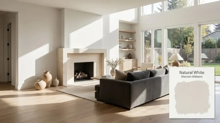 A photorealistic architectural shot of a modern minimalist living room featuring a matte travertine fireplace and walls painted in Sherwin-Williams Natural White (Hex #ECEBE8).