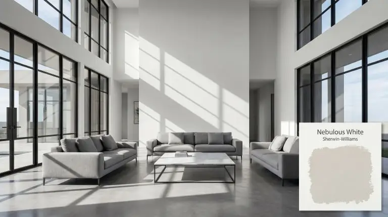 An expansive modern living room painted in Sherwin-Williams Nebulous White (Hex #DEDFDC) featuring polished concrete floors, matte black steel windows, and a Carrara marble table.