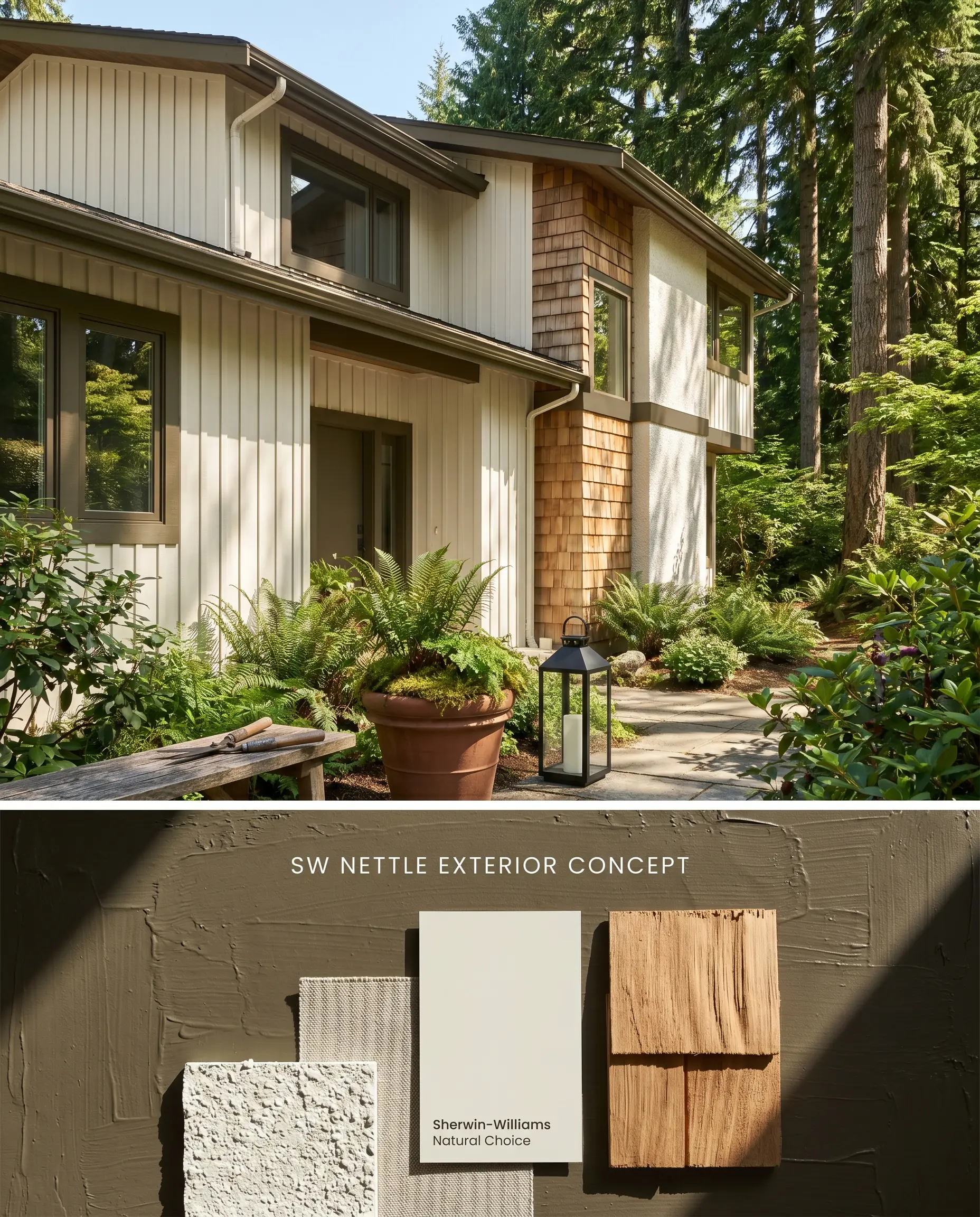 A split digital conceptual board displaying a Pacific Northwest Modern home with a bronze cast exterior trim shade on top, and a flat-lay of coarse stucco and rough cedar shingles over a robust acrylic texture below.