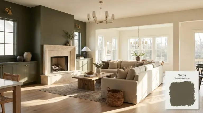 A photorealistic wide architectural shot of an open-concept living room featuring an accent wall painted in Sherwin-Williams Nettle (Hex #665B44), styled with bleached white oak flooring and unlacquered brass hardware.