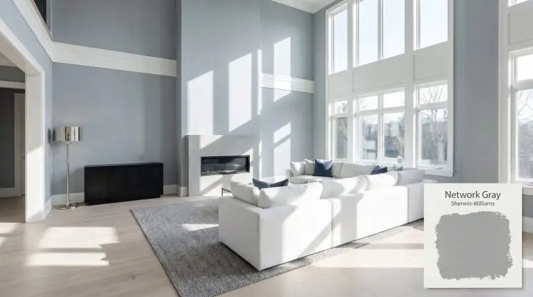 An expansive living room showcasing Sherwin-Williams Network Gray (Hex #A0A5A7) on primary walls, paired with bleached white oak flooring and a pale concrete linear fireplace.