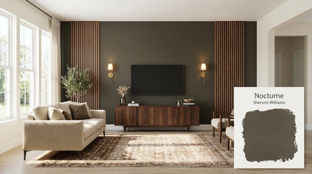 A sophisticated living room featuring a Sherwin-Williams Nocturne (Hex #544E42) accent wall, walnut slatted panels, brass sconces, and a beige sofa.