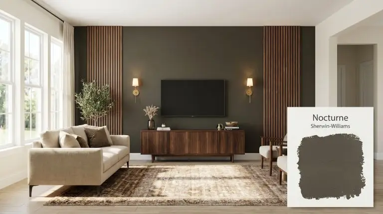 A sophisticated living room featuring a Sherwin-Williams Nocturne (Hex #544E42) accent wall, walnut slatted panels, brass sconces, and a beige sofa.