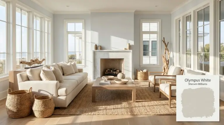 A breathtaking coastal living room painted in Sherwin-Williams Olympus White (Hex #D4D8D7) featuring matte white oak flooring, Carrara marble fireplace, and cream sofa.