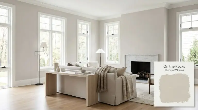 A pale white oak console table and honed Carrara marble fireplace anchor a spacious living room painted in Sherwin-Williams On the Rocks (Hex #D0CEC8).