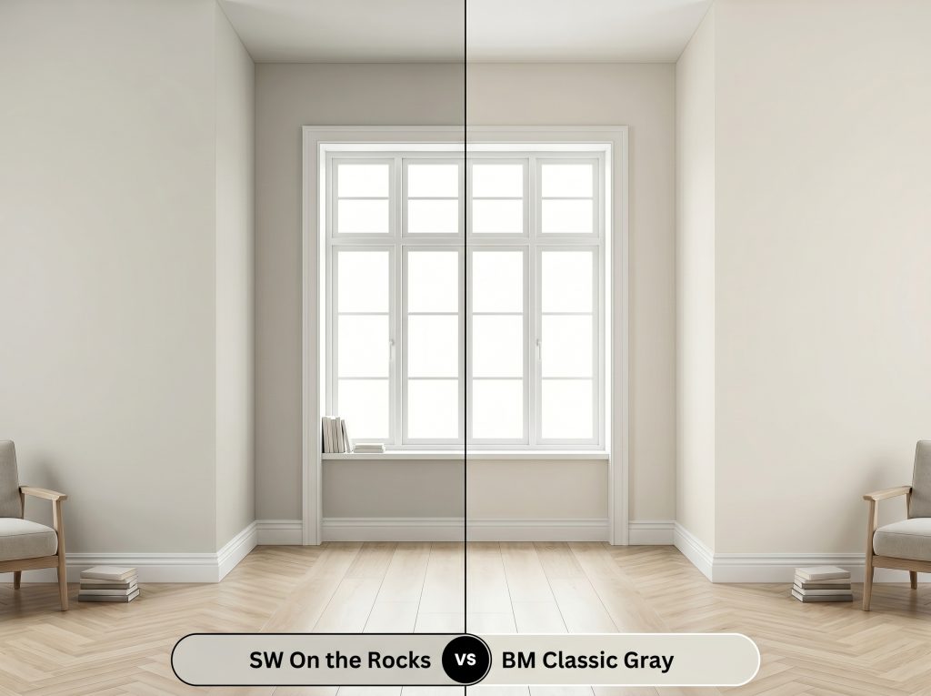 A side-by-side split-screen comparison of Sherwin-Williams On the Rocks on the left and Benjamin Moore Classic Gray on the right, shown in a living room featuring crisp white baseboards.
