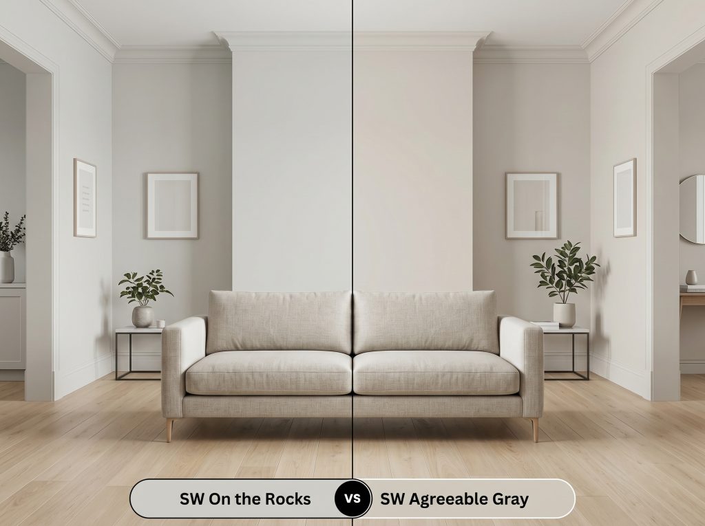 A side-by-side split-screen comparison of Sherwin-Williams On the Rocks on the left and Sherwin-Williams Agreeable Gray on the right, shown in a modern living room.