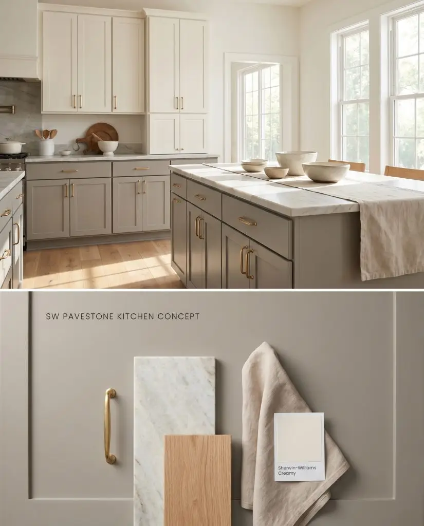 Displaying kitchen cabinetry painted in Sherwin-Williams Pavestone on top, this split digital conceptual board highlights bottom physical honed quartzite, oak, and brass hardware.