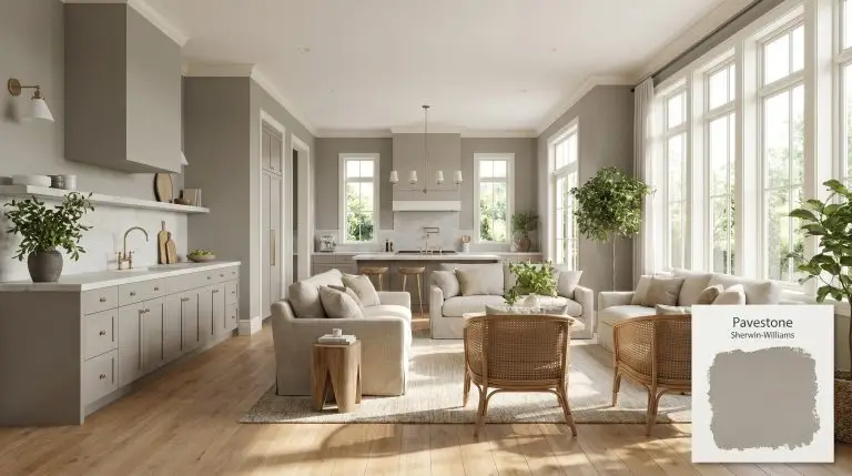 A photorealistic open-concept living and kitchen space painted in Sherwin-Williams Pavestone (Hex #A0998F), featuring oak flooring, quartzite countertops, and unlacquered brass hardware.