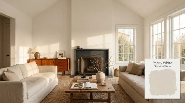 A stunning European transitional living room features walls and a vaulted ceiling drenched in Sherwin-Williams Pearly White (Hex #E8E3D9), anchored by a vintage teak credenza and dark soapstone fireplace.