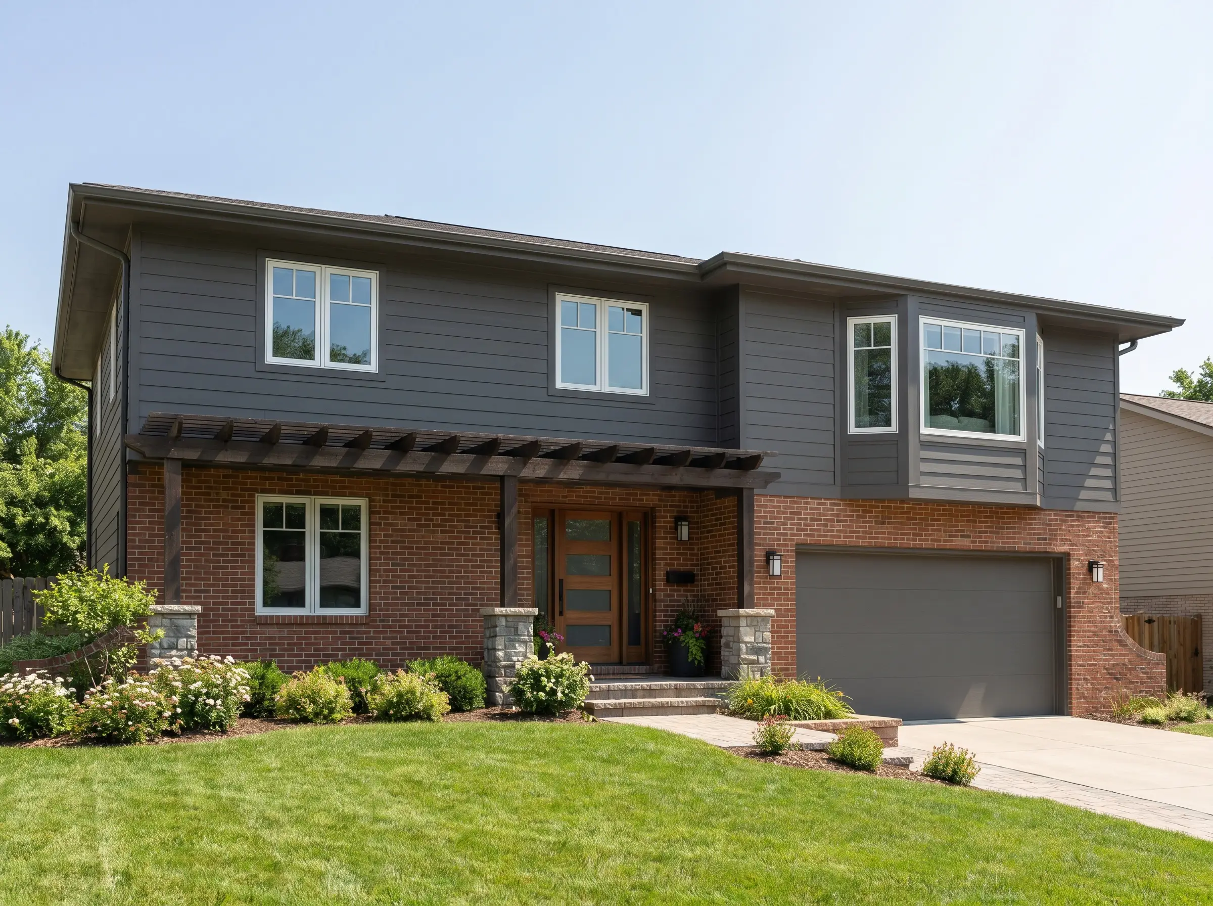 Expansive dark gray painted siding on the upper story seamlessly balances heavy red brick skirting alongside standard residential windows with crisp white frames.