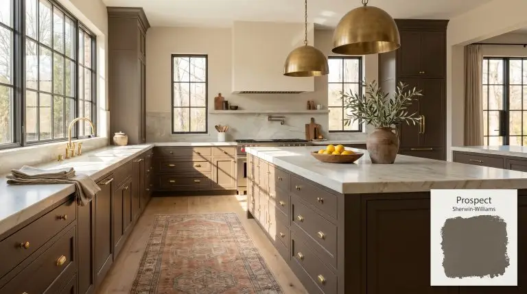 A luxurious sun-drenched kitchen featuring expansive lower cabinetry painted in Sherwin-Williams Prospect (Hex #D0CEC9), contrasting with unlacquered brass hardware and thick quartzite countertops.