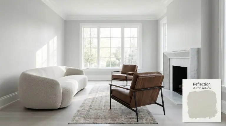 A tailored transitional living room features flawlessly smooth walls painted in Sherwin-Williams Reflection (Hex #D3D5D3), framing a honed Carrara marble fireplace and sculptural boucle sofa.
